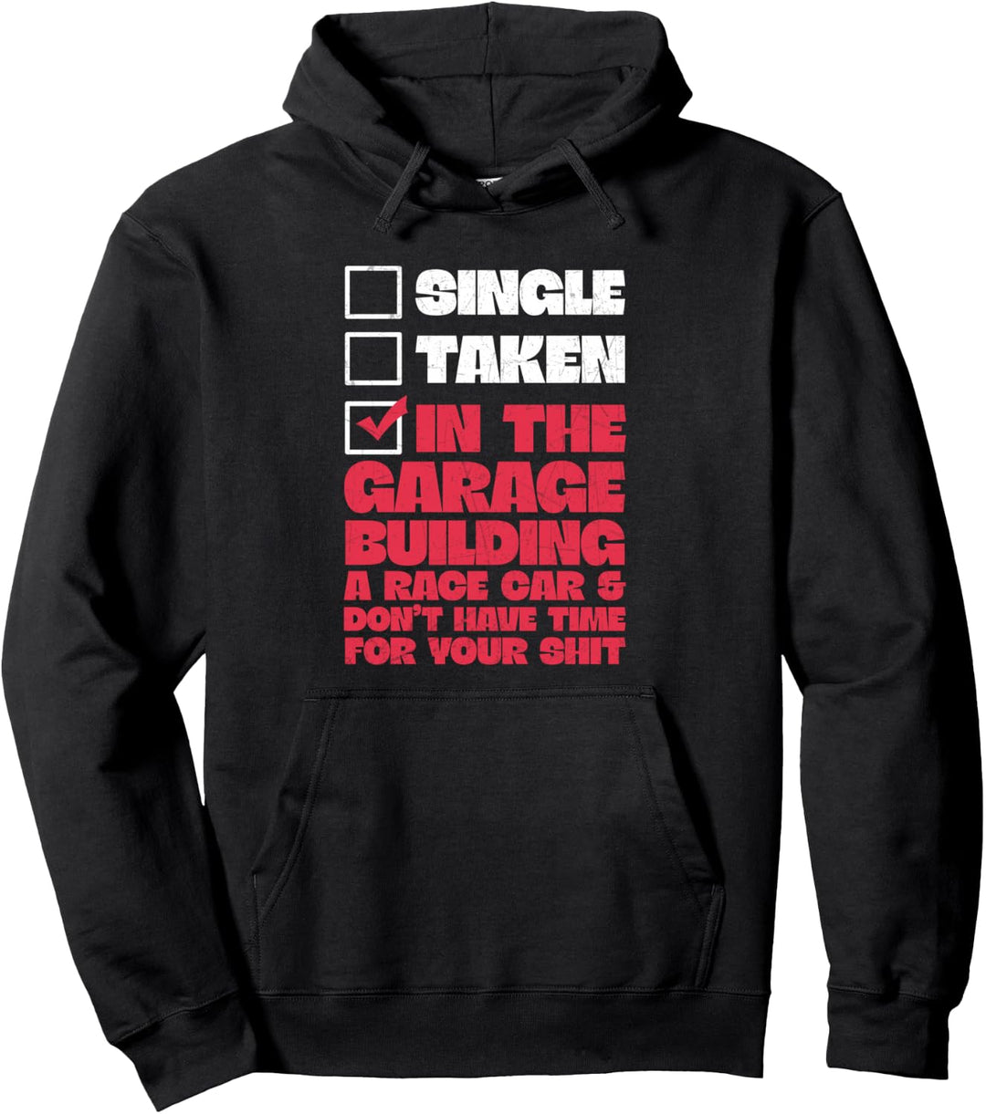 Single in der Garage aufgenommen Bau eines Rennwagens Pullover Hoodie