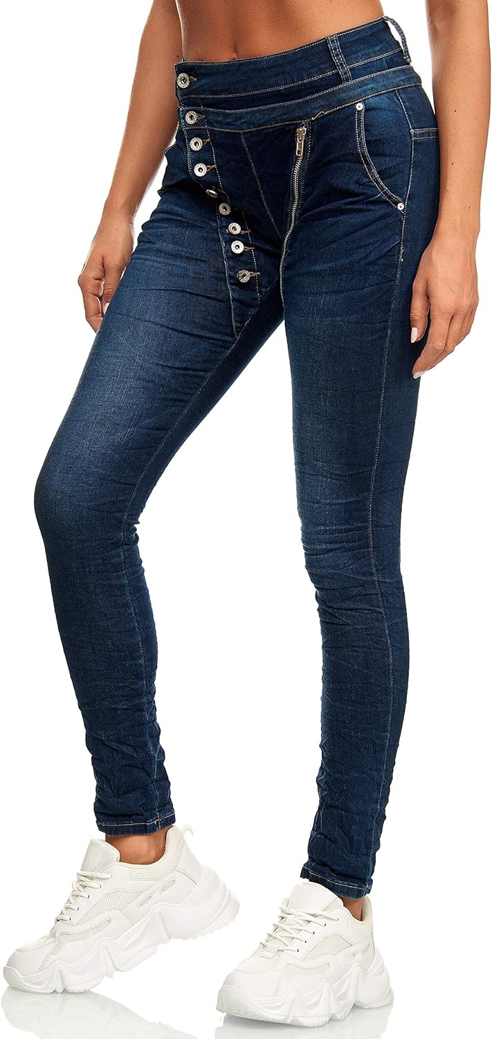 Elara Damen Jeans Boyfriend Knopfleiste Chunkyrayan 42 Slim Dunkelblau New York, 42 Slim Dunkelblau