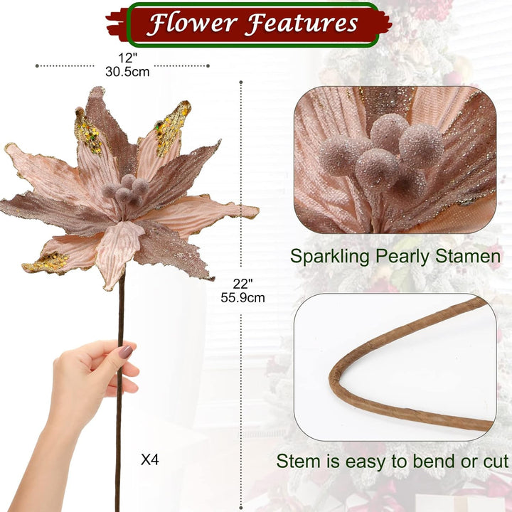 Briful 4 Stücke Weihnachtsstern Christbaumschmuck Kunstblumen Weihnachtsblumen Glitter Poinsettia Ku