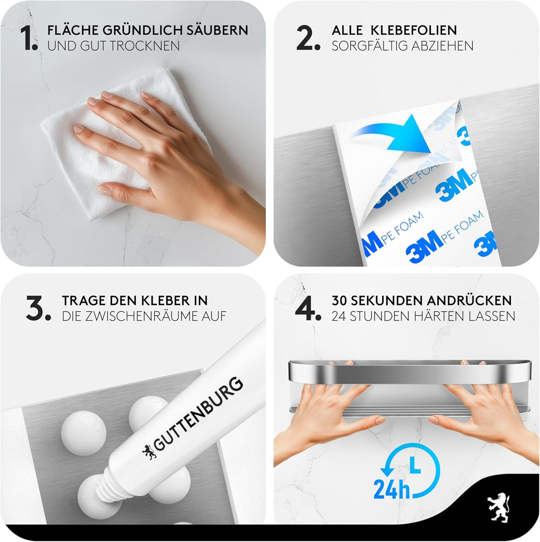 GUTTENBURG Duschablage ohne Bohren (38x8cm, 2200cm³) | klebt hochfest, 10kg Tragelast | gebürsteter