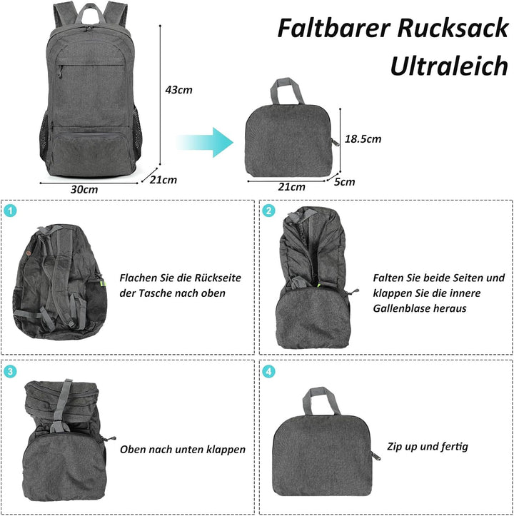 TANTOMI Wanderrucksack Ultraleicht Faltbarer Rucksack Klein, Packable Tagesrucksäcke Trekkingrucksac