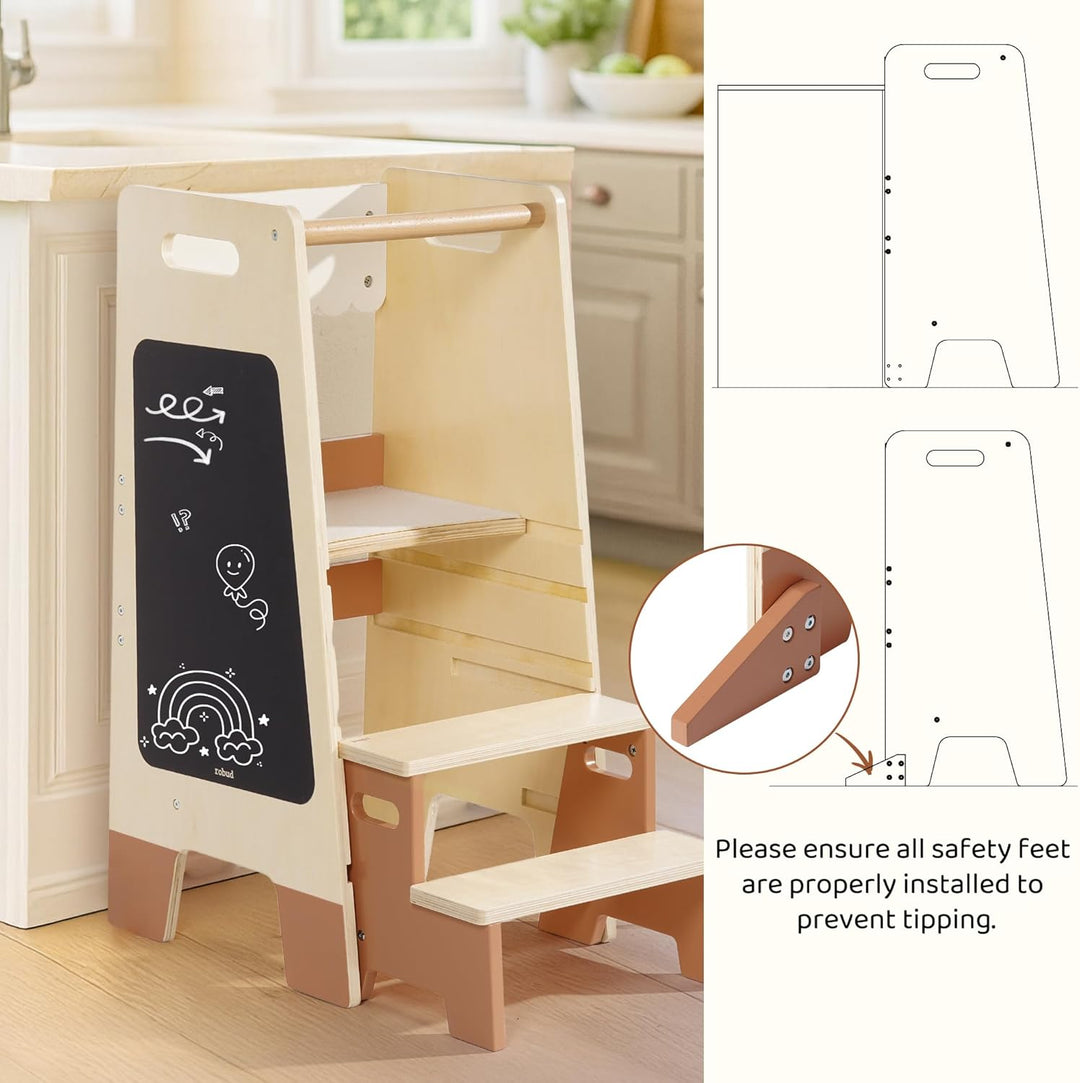 ROBUD Lernturm für Kleinkinder mit abnehmbarem Tritthocker, 2-in-1 Lernturm aus Holz mit Tafel, 3-fa