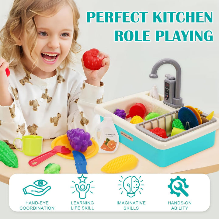 Spielspüle Kinder,Küchenspüle Spielzeug Set mit Wasserkreislauf,Elektrischem Wasserhahn,Rollenspiel-