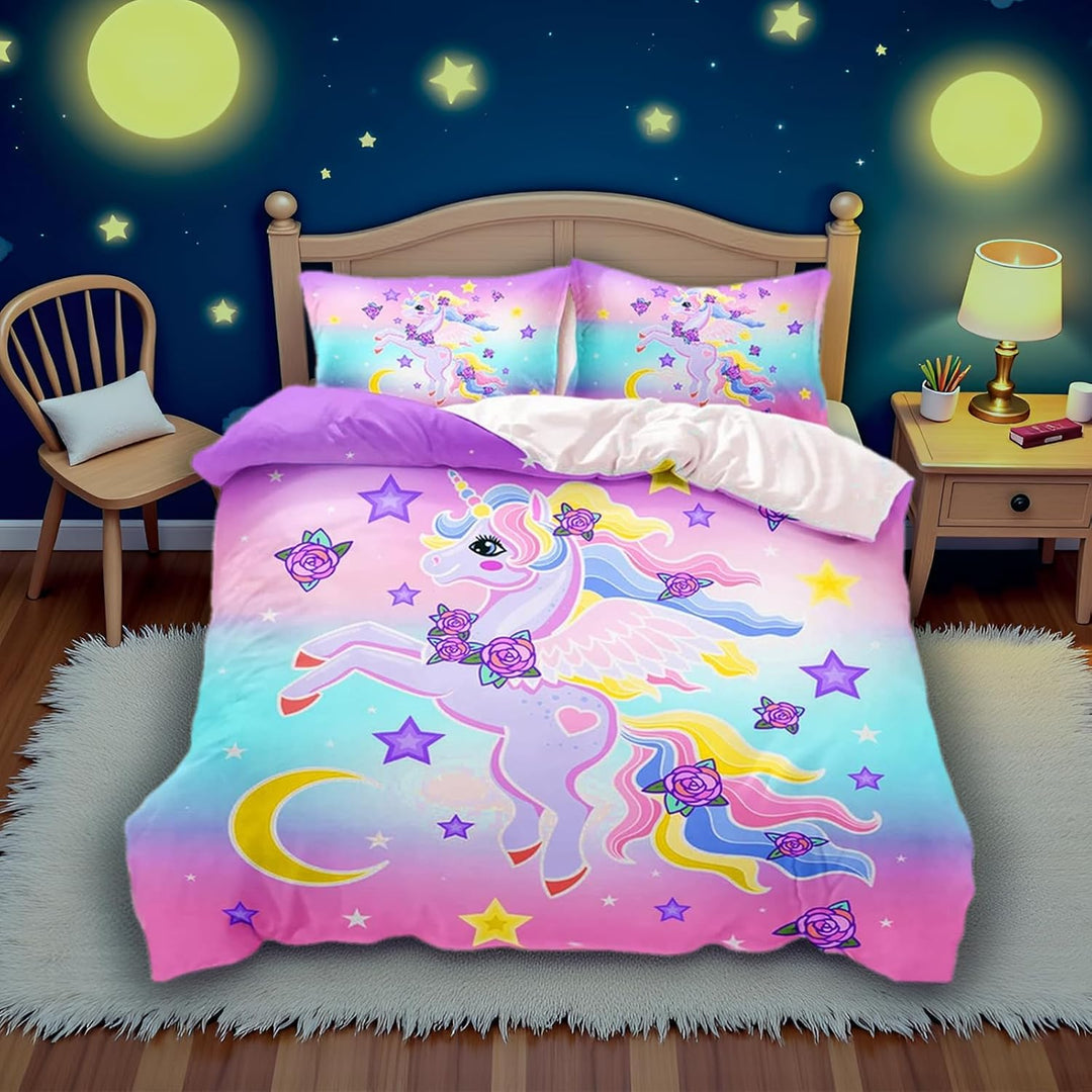 AOXHFNV Einhorn Mädchen Rosa Bettwäsche Set 135x200cm Süsser Einhorn-Stern-Mond-Muster Bettbezug Ein