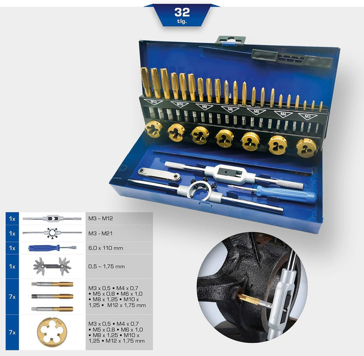BRILLIANT TOOLS BT101950 TiN Gewindeschneidwerkzeug-Satz, 32-TLG. [Powered by KS Tools]