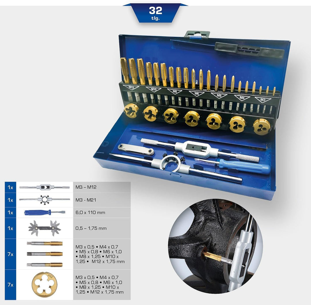 BRILLIANT TOOLS BT101950 TiN Gewindeschneidwerkzeug-Satz, 32-TLG. [Powered by KS Tools]