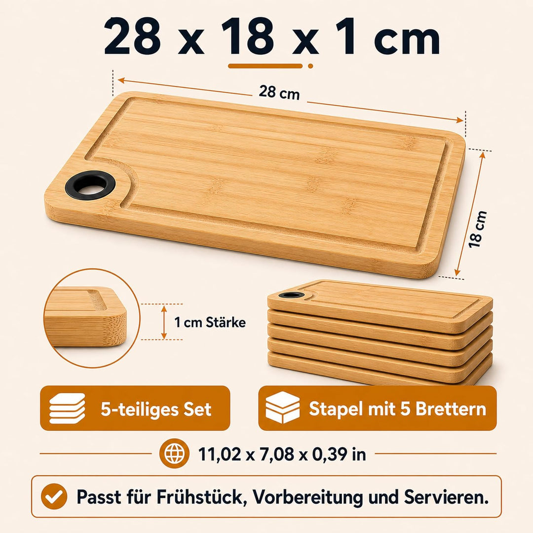 SHUESS 5 Stück Schneidebrett Set Bambus – 28x18x1 cm Frühstücksbrettchen Bambus gross, Schneidebrett