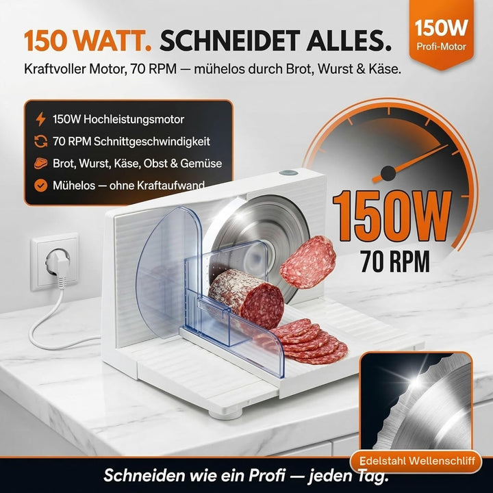 Sommertal Allesschneider AS170 150W Edelstahlmesser mit Wellenschliff, Klappbar platzsparend, elektr