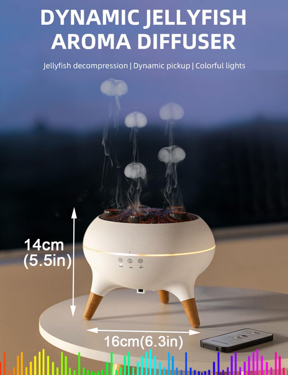 ThreeH 3-in-1 Quallen Diffuser Luftbefeuchter Mit 7 Farben Led Fernbedienung für Homeoffice Yoga Zim