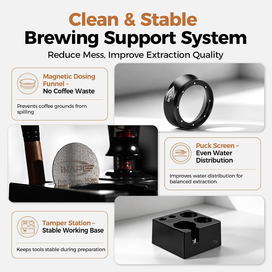 IKAPE 58 mm Espresso-Werkzeugset, schwarz, 8-in-1: Kaffeetamper, Verteiler, Magnettrichter, Pucksieb