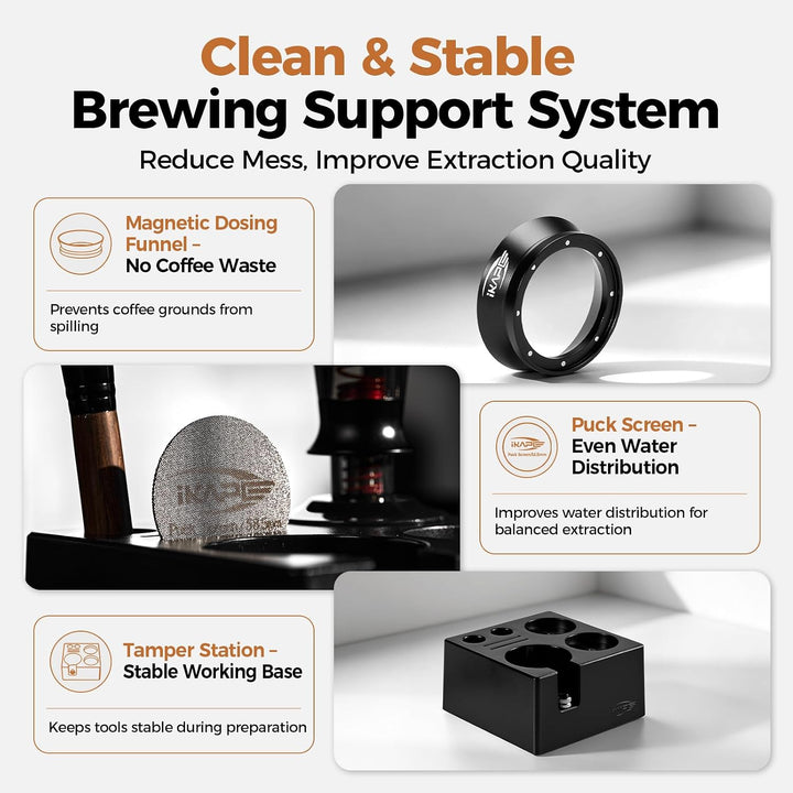 IKAPE 58 mm Espresso-Werkzeugset, schwarz, 8-in-1: Kaffeetamper, Verteiler, Magnettrichter, Pucksieb
