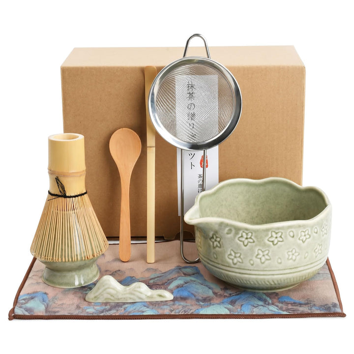 Matcha Set 8-teilig, Keramik Schale, Bambus Besen, Löffel, Sieb, Besenhalter, Löffelständer & Chakin