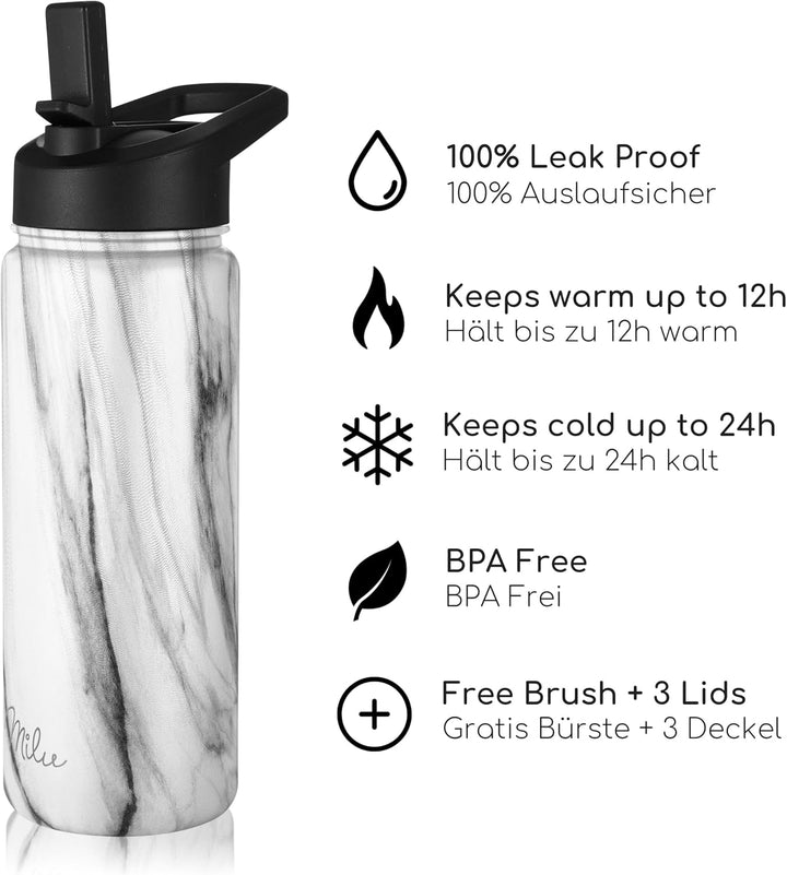 Milu Edelstahl Trinkflasche 500ml, 750ml, 1000ml (+3 Deckel) - Thermosflasche mit Strohhalm, Isolier