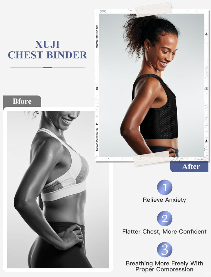 XUJI Brust Binder Atmungsaktive Kompression Binder mit Reissverschluss für Transgender, FTM, Tomboy,