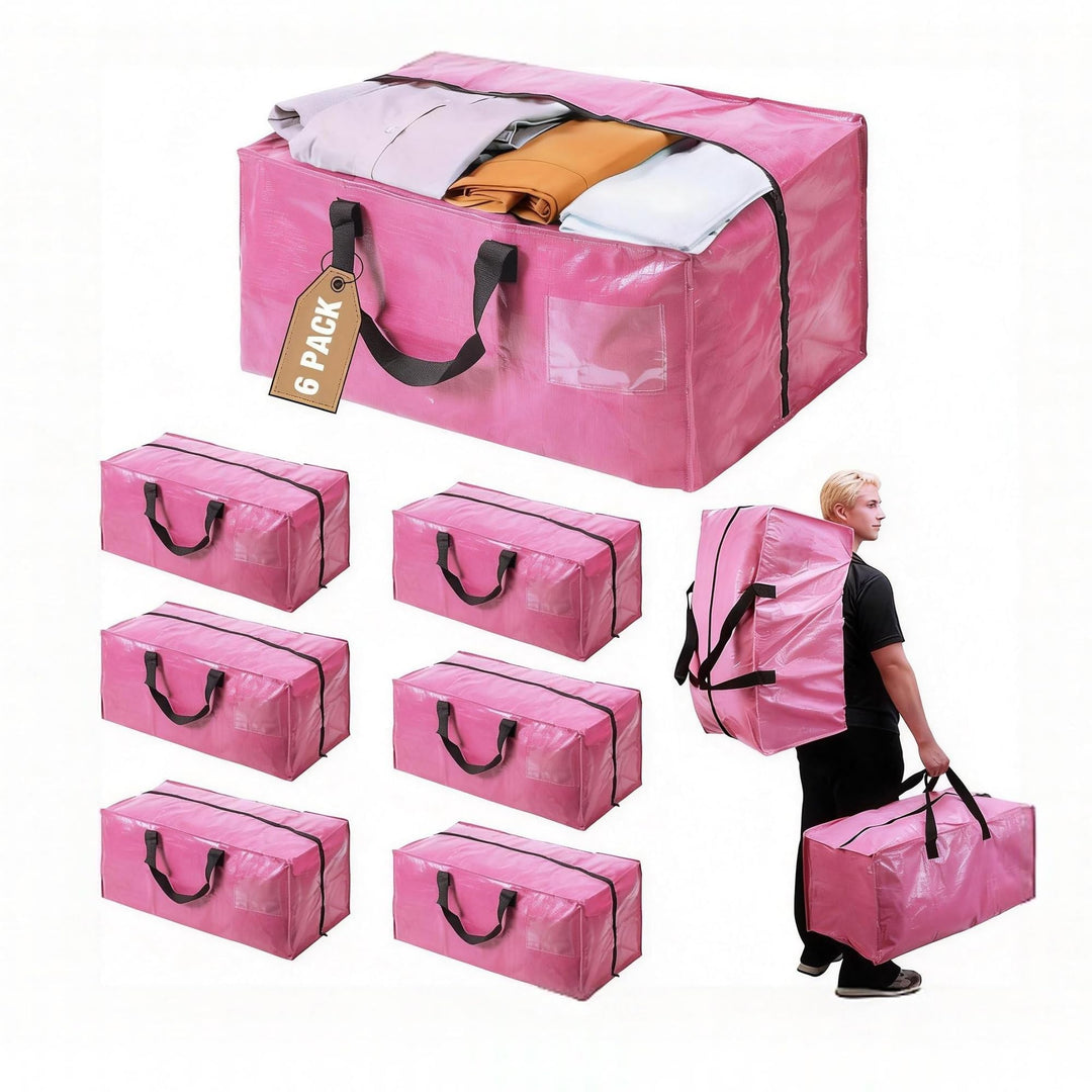 FUSHITON Pink Umzugstaschen 6er Set, Extra Grosse 83L Aufbewahrungstaschen mit Reissverschluss & Ver