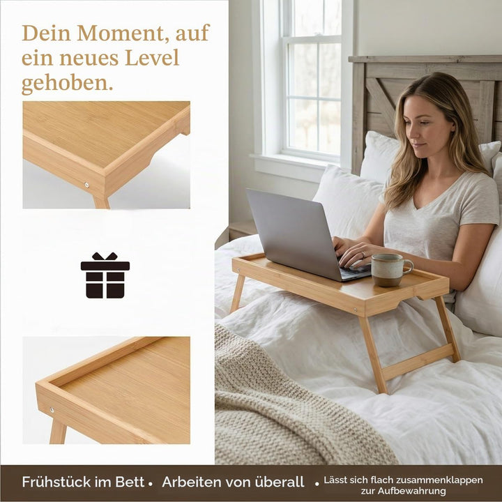 Betttablett Klappbar Frühstückstablett Bambus Serviertablett erhöhter Rand Klapptisch 40x30x19cm Bet