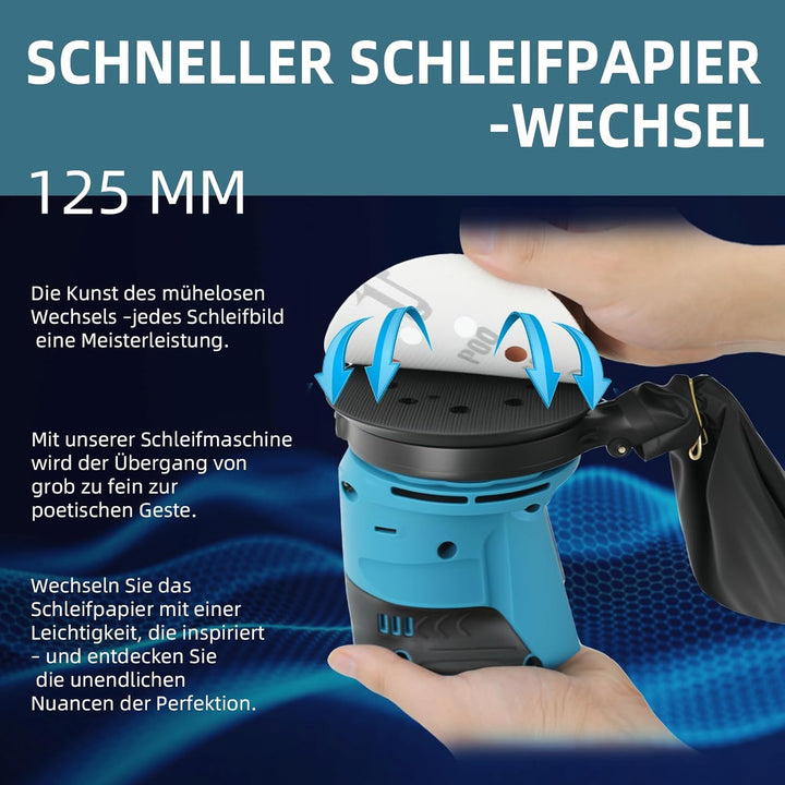 125mm Exzenterschleifer mit 6 Leistungsstufen – Kompatibel mit Makita 18V Akku, Schwingschleifer zum