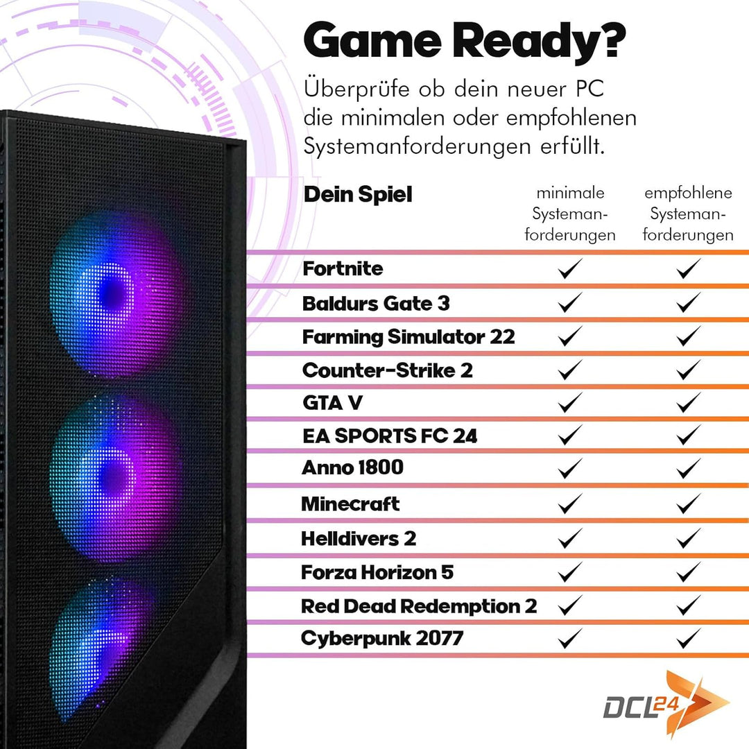 dcl24 Gaming PC Intel i9 14900KF, RTX5070Ti 16GB - 1000GB SSD, 16GB DDR5, RGB Gamer PC mit 24x4.4 GH