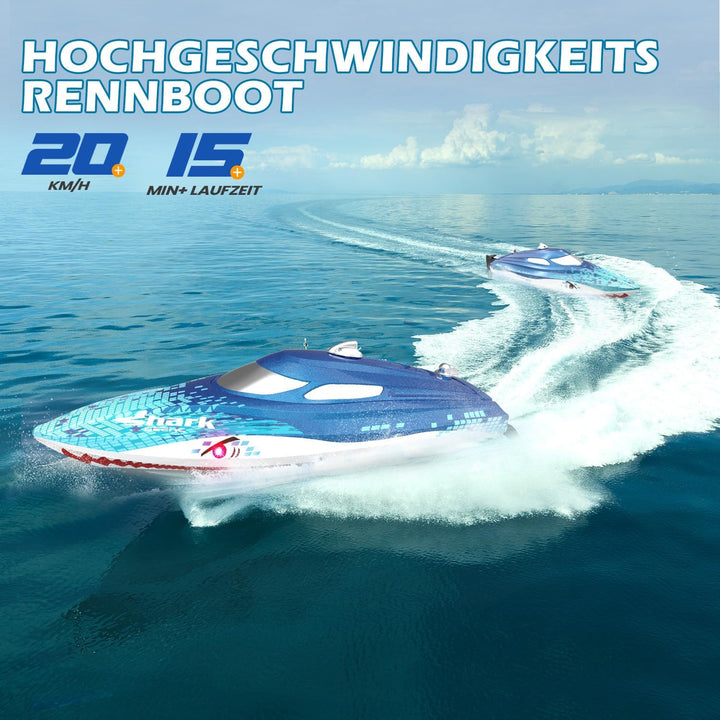 DEERC RC Boot mit LED-Licht,ferngesteuertes Haiboot für Pools und Seen, 20+ km/h RC-Boot, 2,4-GHz-Re