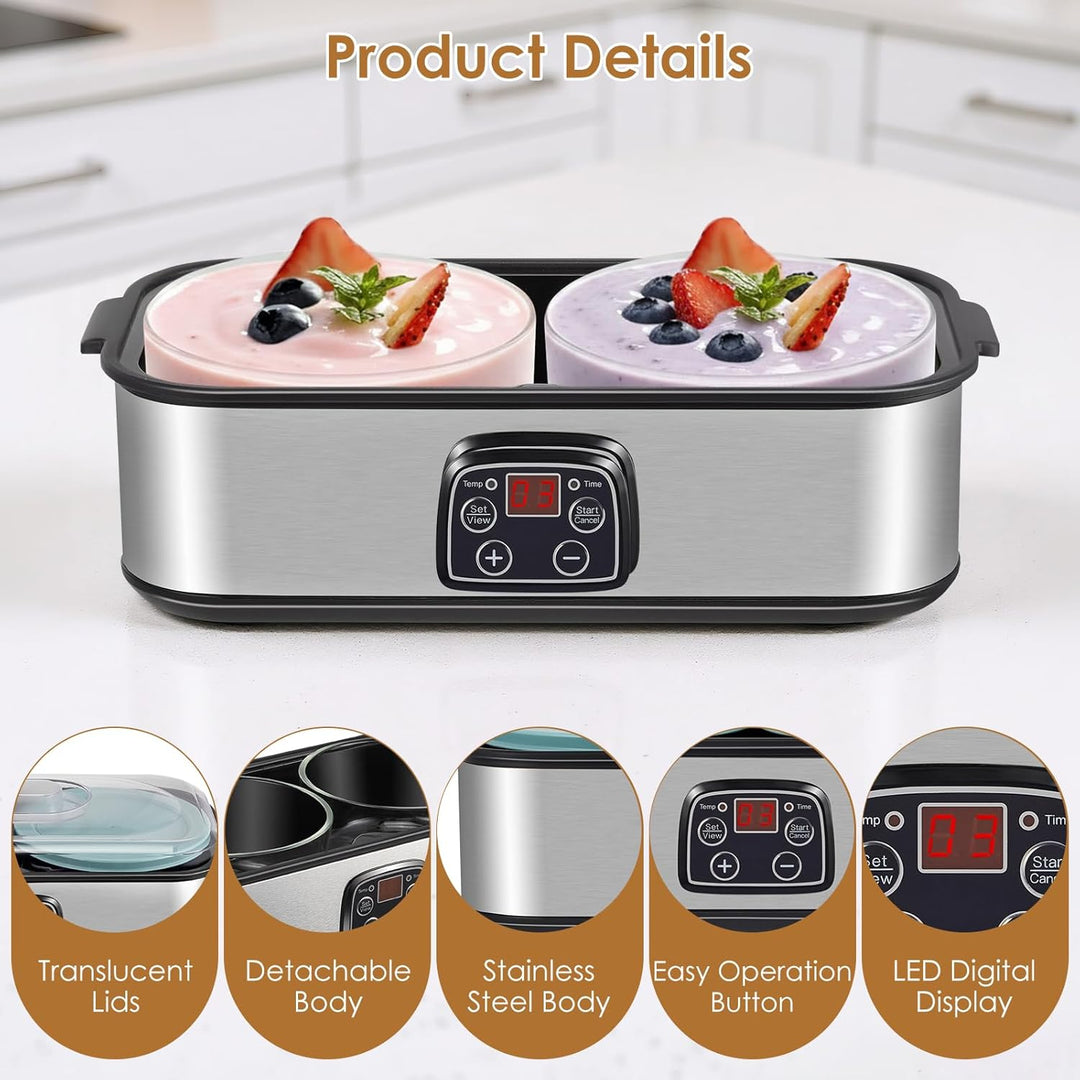 Joghurtbereiter 2L, Yoghurt Maker mit LED Display &amp; 2x 1000ml Glasbehältern, Joghurt Maker Machine m