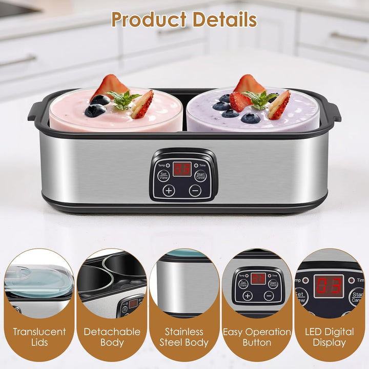 Joghurtbereiter 2L, Yoghurt Maker mit LED Display &amp; 2x 1000ml Glasbehältern, Joghurt Maker Machine m