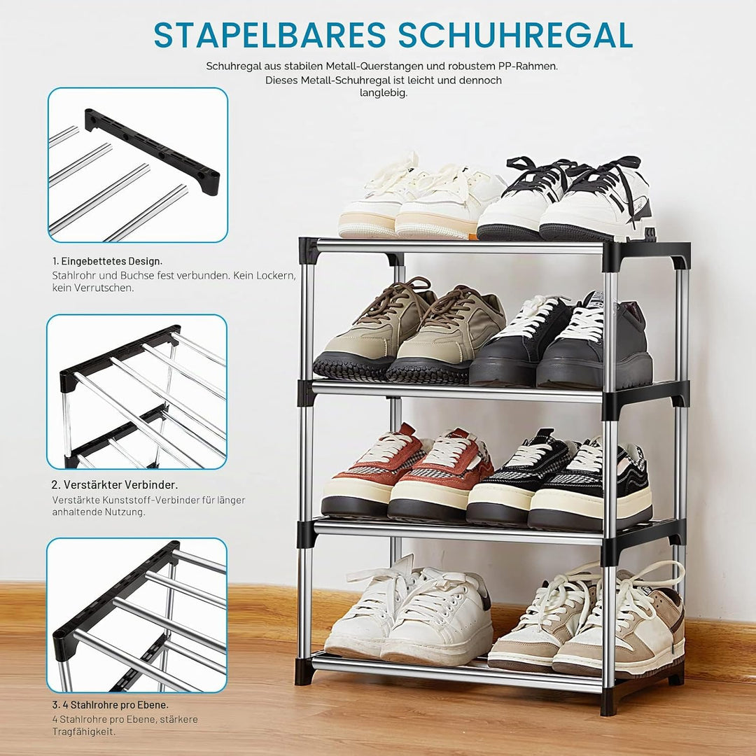 Kleines Schuhregal mit 4 Ebenen, Stapelbares Schuhregal Metall Schuhschrank für Eingang Schrank für