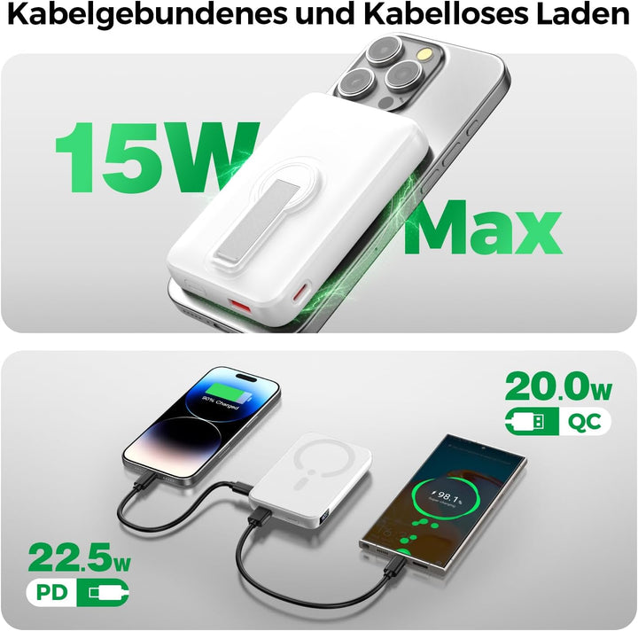 Kabellose Powerbank für Magsafe, 12000mAh Power Bank mit Klappbarem Standfuss, 22.5W PD USB-A Ausgab