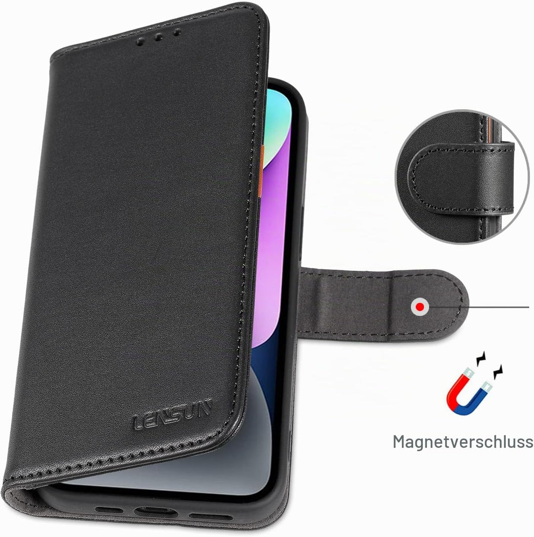 LENSUN Echtleder Hülle für iPhone 14, Handyhülle [Echtes Leder][Magnetverschluss][RFID Schutz] Handy