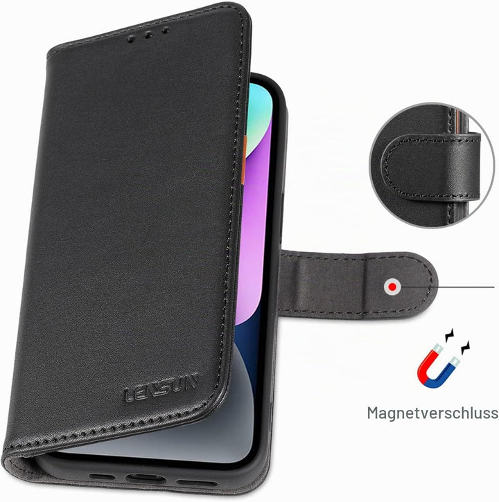 LENSUN Echtleder Hülle für iPhone 14, Handyhülle [Echtes Leder][Magnetverschluss][RFID Schutz] Handy