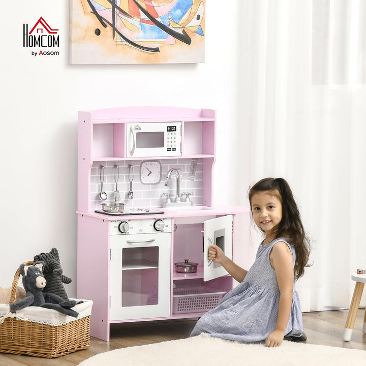 HOMCOM Holz-Spielküche mit Lichtern, Geräuschen, Stauraum, 3-6 J., Pink | Kinder-Küchen-Spielset, Wa