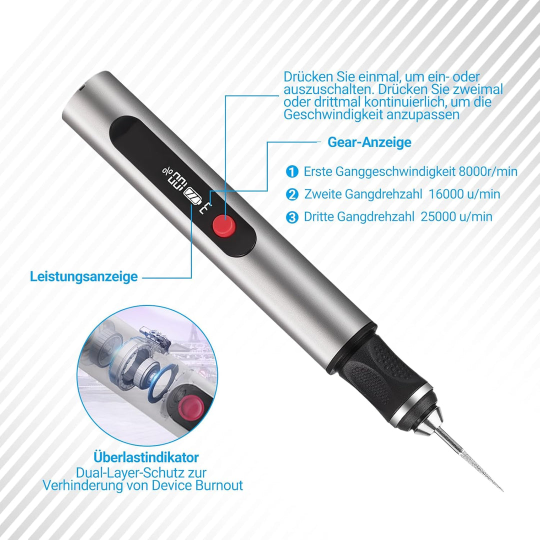 Gravierstift – Kabelloser elektrischer Gravur Stift mit 30 Bits, tragbarer Gravierstift für über 50