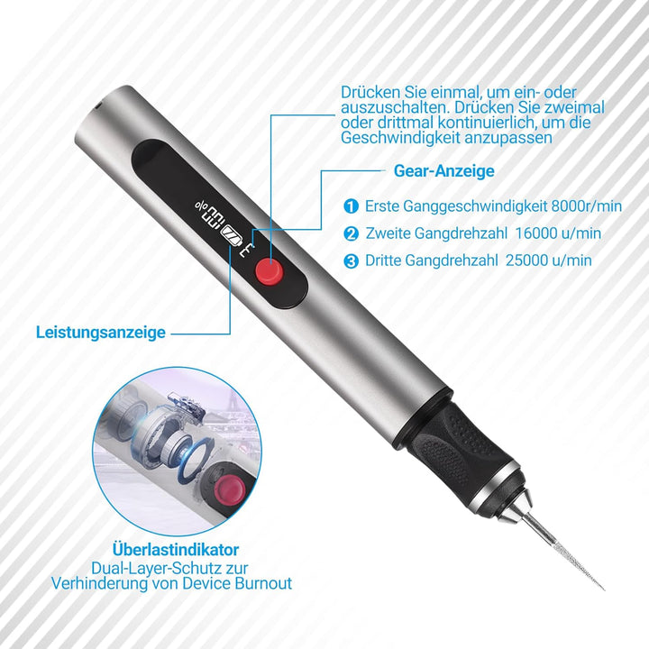 Gravierstift – Kabelloser elektrischer Gravur Stift mit 30 Bits, tragbarer Gravierstift für über 50