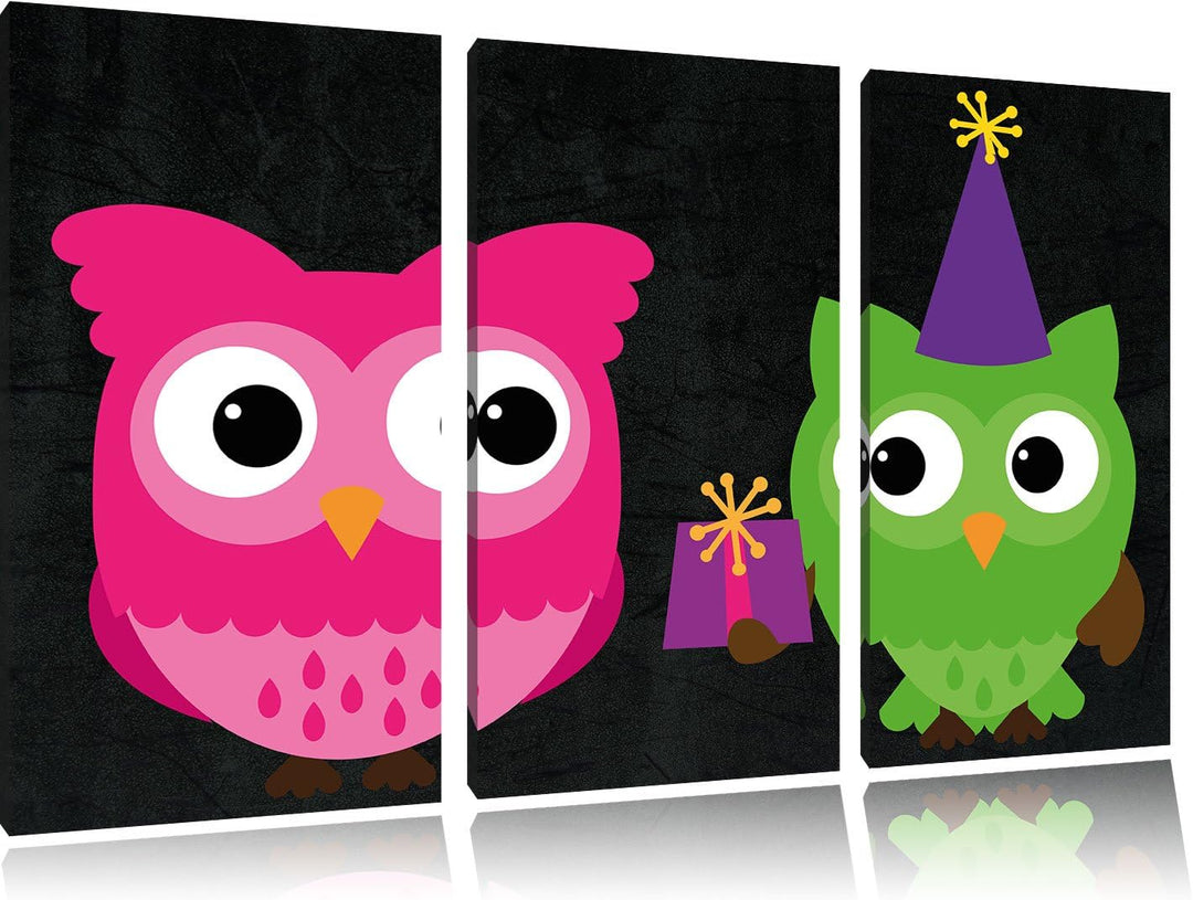 Pixxprint Eulen mit Geschenk als Leinwandbild/Grösse: 3 Teilig (120x80) cm/Wandbild/Kunstdruck/ferti