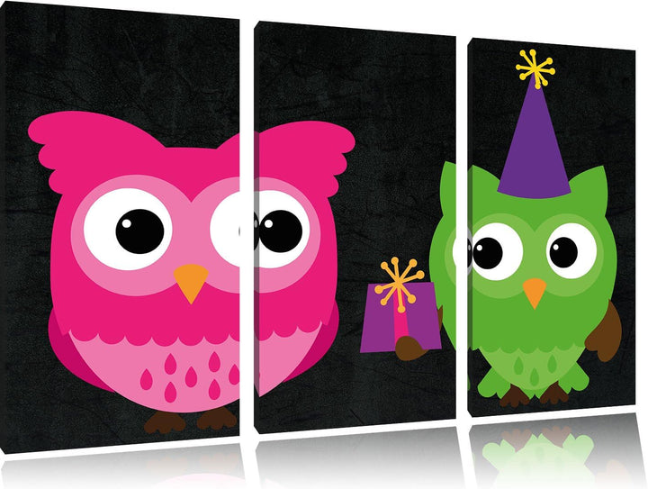 Pixxprint Eulen mit Geschenk als Leinwandbild/Grösse: 3 Teilig (120x80) cm/Wandbild/Kunstdruck/ferti