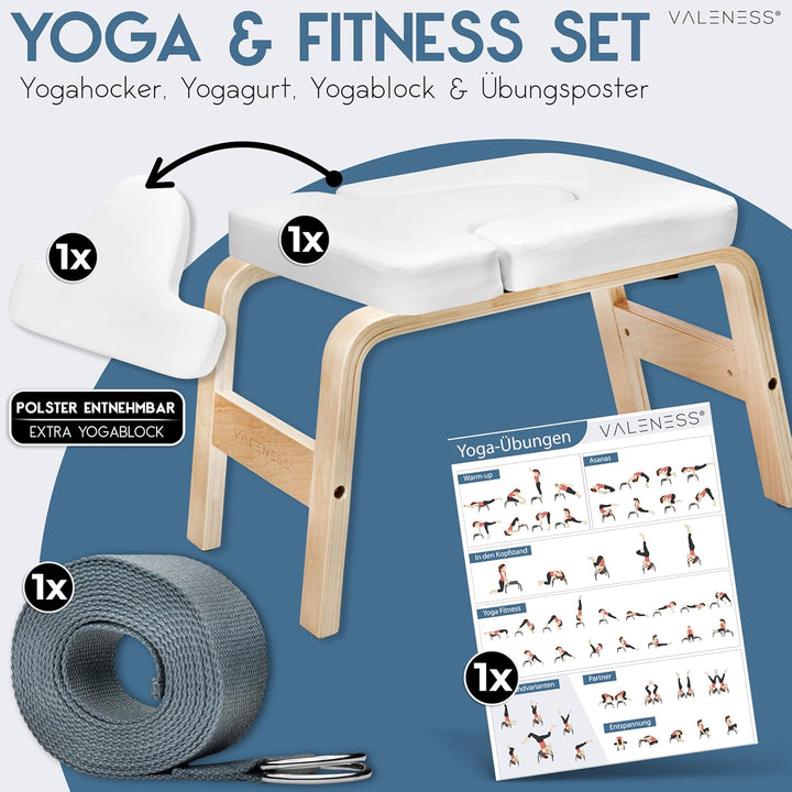 VALENESS® Yoga Kopfstandhocker - Hochwertiger Yoga Hocker inkl. Yogagurt, Yogablock & Übungsposter -