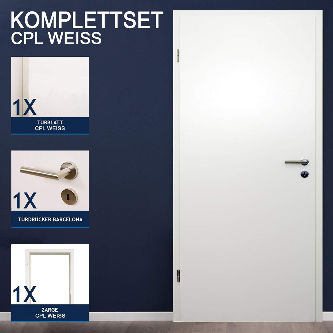 HORI® Zimmertür Komplettset mit Zarge und Türdrücker I Innentür CPL Weiss I Höhe 198,5 cm I Anschlag