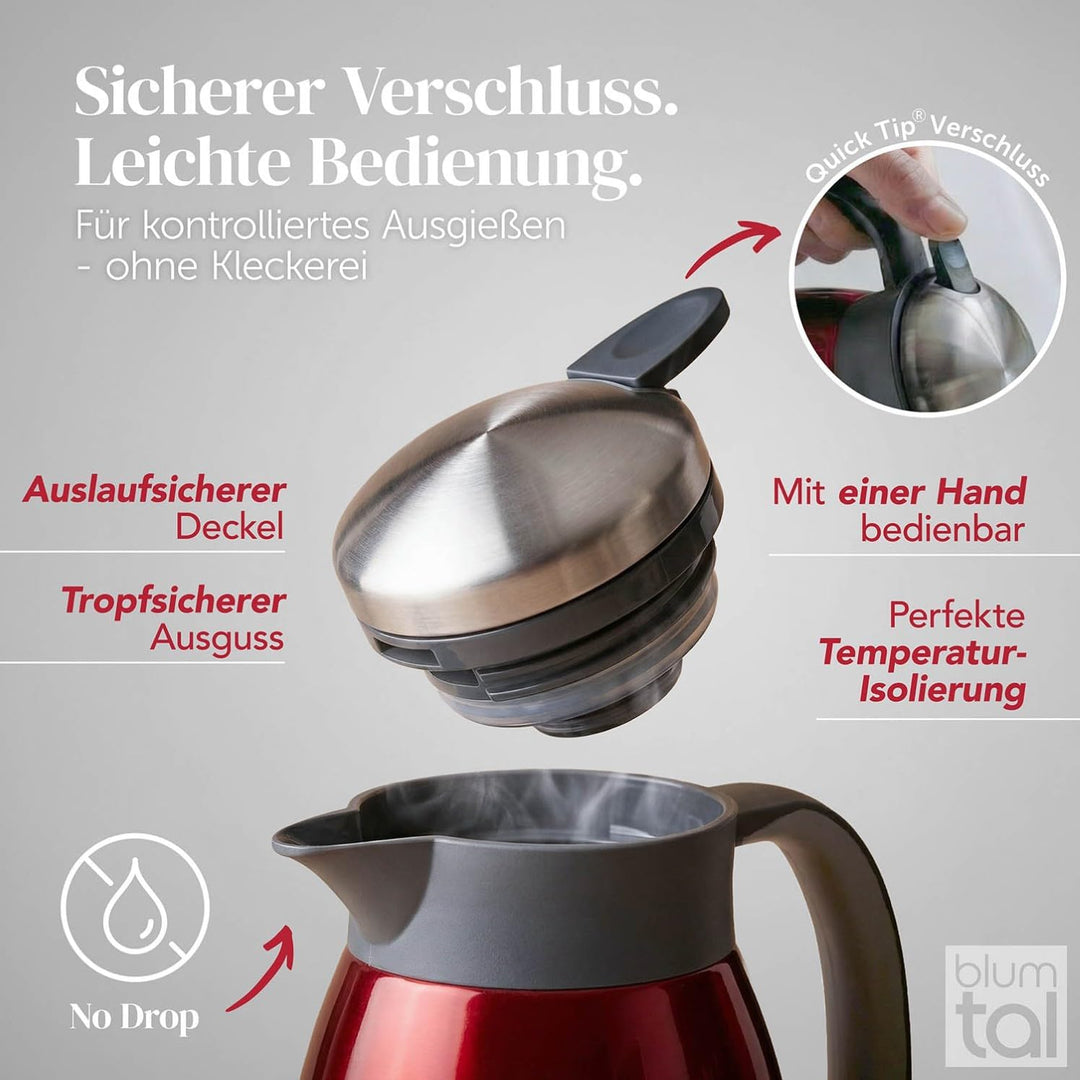 Blumtal Thermoskanne 1l - BPA-freie Teekanne mit Quick Tip Verschluss - auslaufsichere Kaffeekanne T