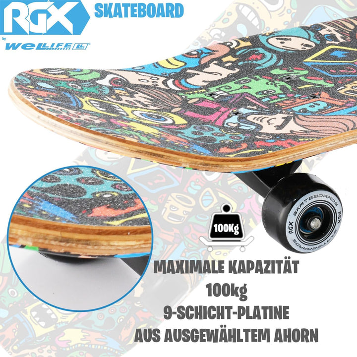 WeLLIFE - RGX Skateboard Skateboard (31"x8") 79x20cm aus 9 Schichten Ahorn Design konkave PU Rad 54*