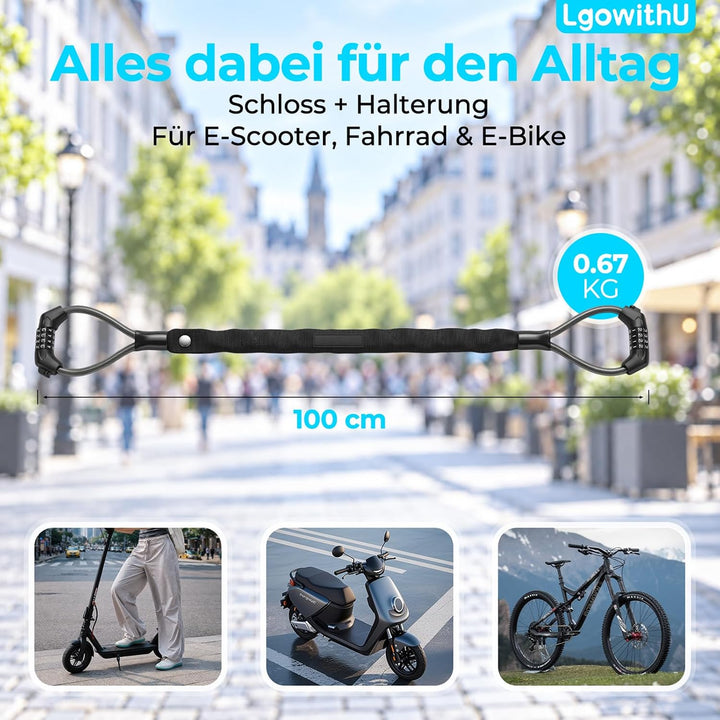 E Scooter Schloss mit Zahlencode, 100 cm Doppelschloss und Halterung