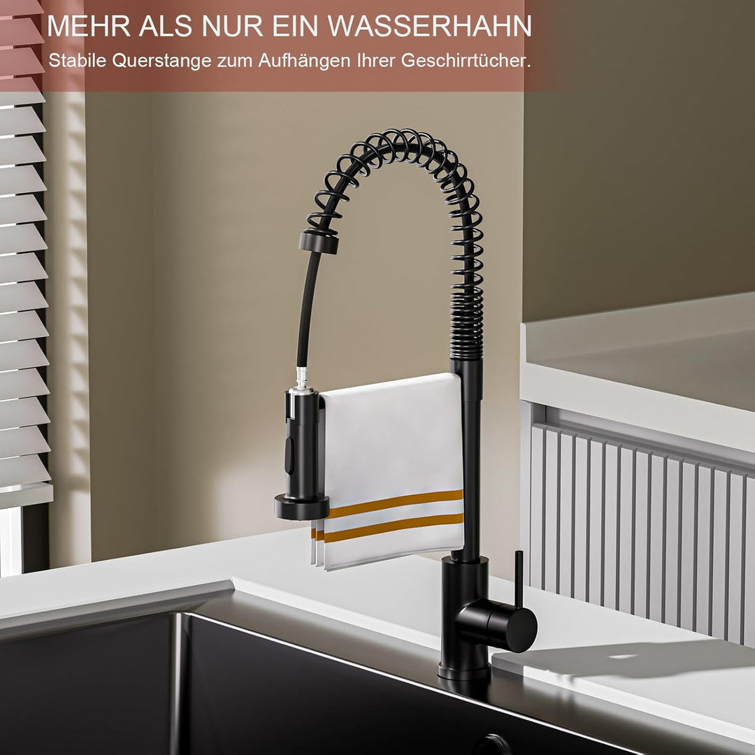 Spiralfeder Wasserhahn Ausziehbar, Hochdruck Küchenarmatur mit Brause, mit 2 Strahlarten, 360° Drehb