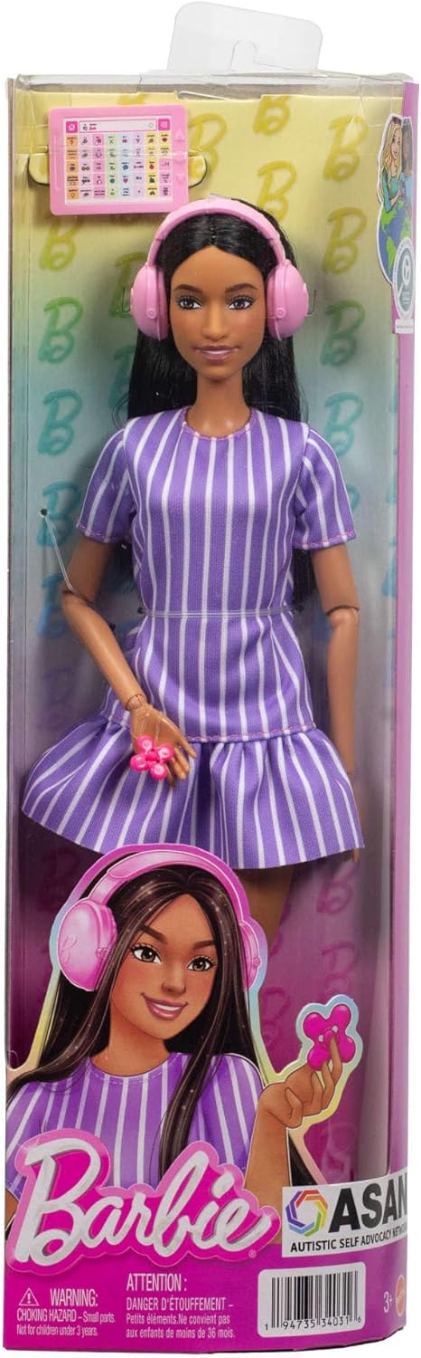 Barbie Fashionistas Puppe Nr. 245, autistische Barbie-Puppe mit violett gestreiftem Kleid mit Zubehö