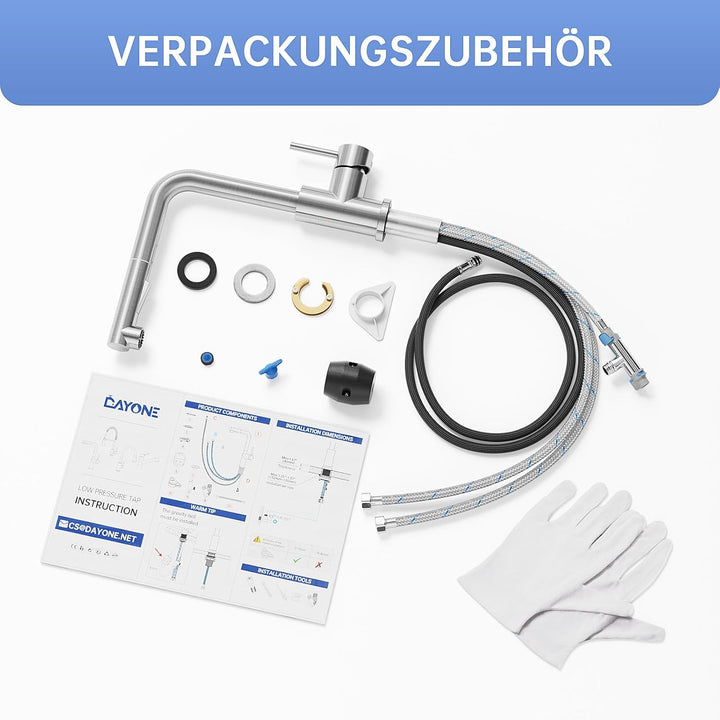 DAYONE Niederdruck Wasserhahn Küche Ausziehbar, Niederdruck Armatur Küche Ausziehbar 3 Anschlüsse, 2