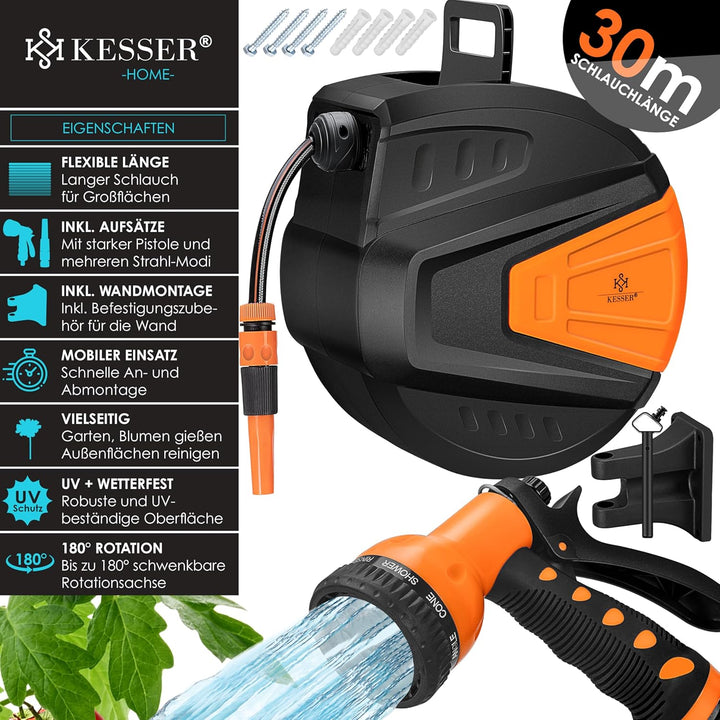 KESSER® Schlauchtrommel 30+2m Schlauchaufroller Wasser | Multi-Handbrause | 180° Schwenkbar | Aufwic
