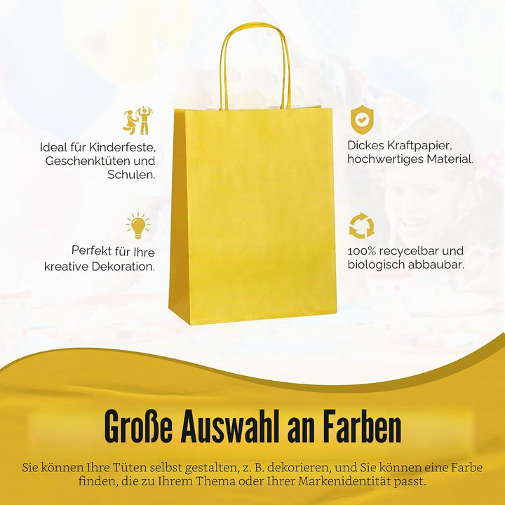 Thepaperbagstore 30 Gelbe Klein Partytüten aus Papier mit Henkeln – 18x22x8cm – Bunte Geschenktüten