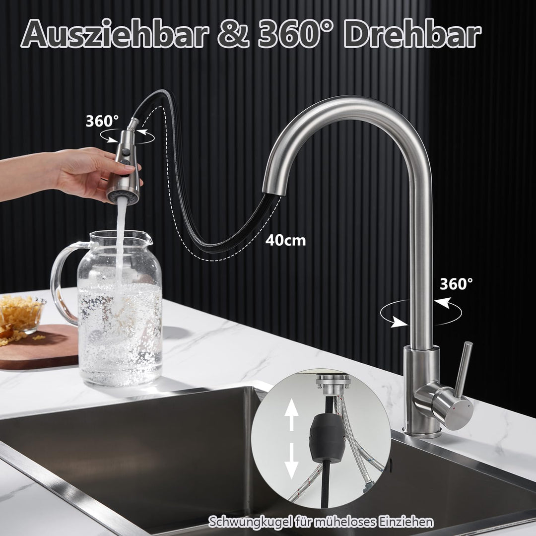 Wasserhahn Küche Ausziehbar – Hochdruck Einhebel Mischbatterie Küche mit 3 Strahlarten, 360° drehbar
