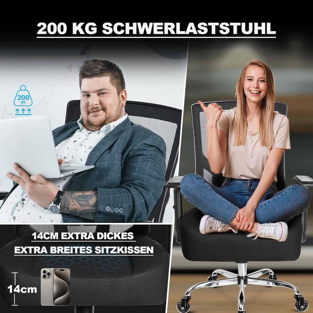 MELOKEA Bürostuhl 200KG XL [Lendenkissen Inklusive], Bürostuhl Ergonomisch 56 cm Sitzkissen, 56 cm S