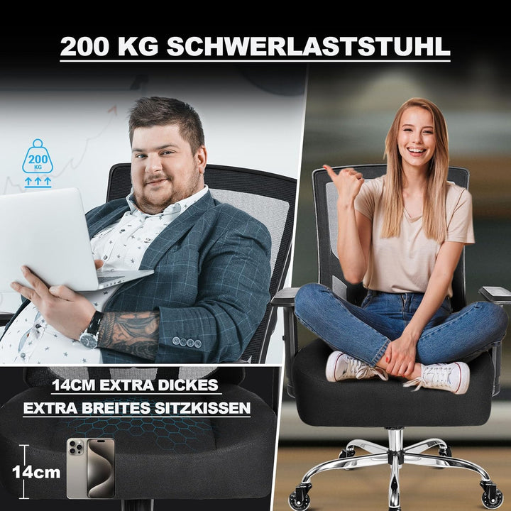 MELOKEA Bürostuhl 200KG XL [Lendenkissen Inklusive], Bürostuhl Ergonomisch 56 cm Sitzkissen, 56 cm S