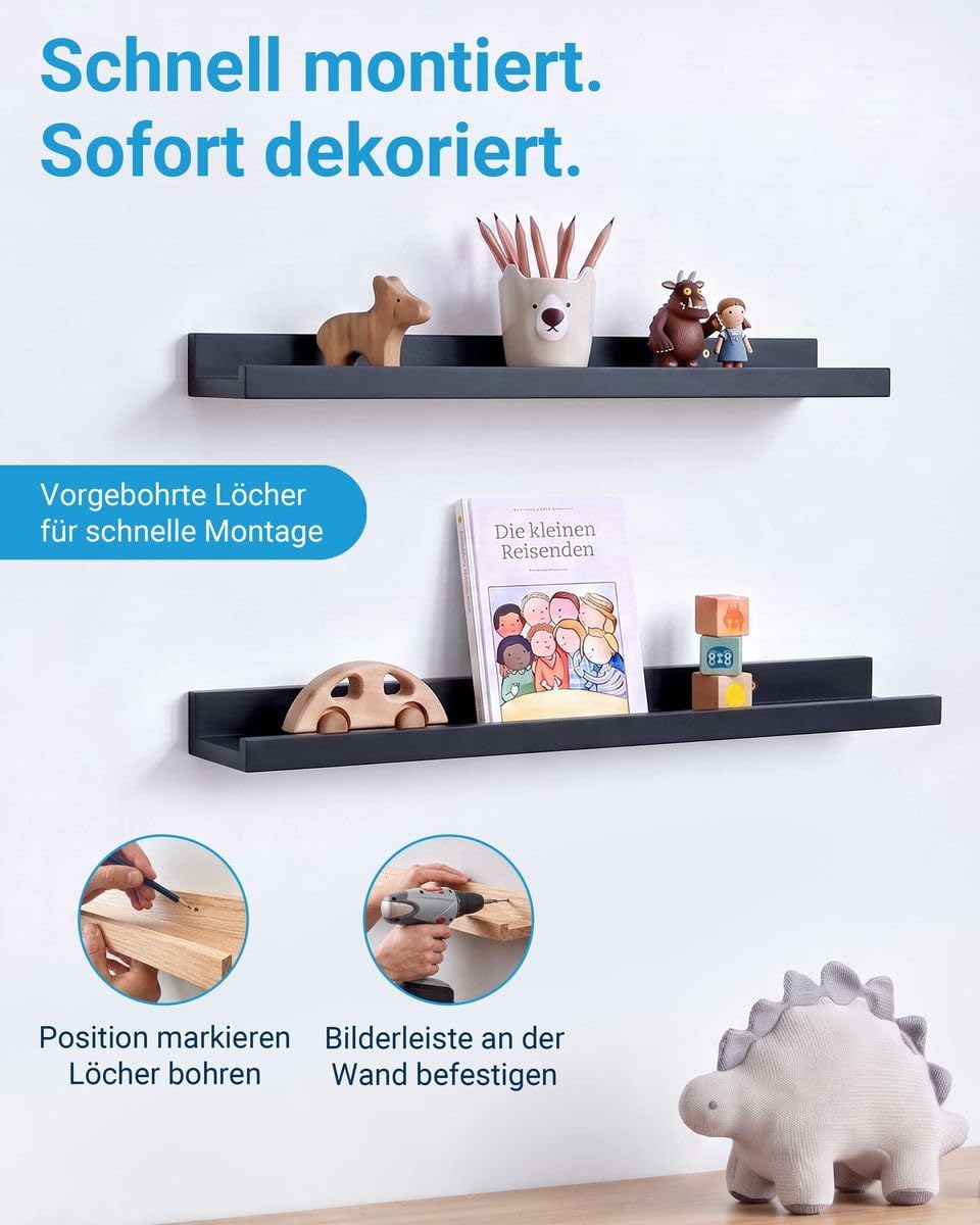 PHOTOLINI Wandregal stabiles MDF-Holz schwarz 70 cm, Schweberegal, 2er Set, modernes Design, Bilderl
