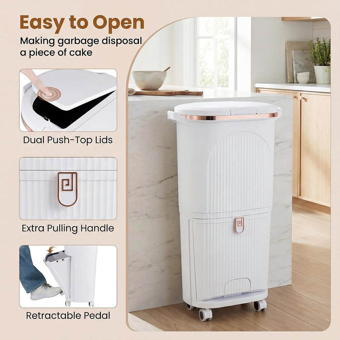 GIANTEX Mülleimer Küche 3 Fächer, Mülltrennsystem mit 2 x 12L Inneneimer & 14L Treteimer, Abfalleime