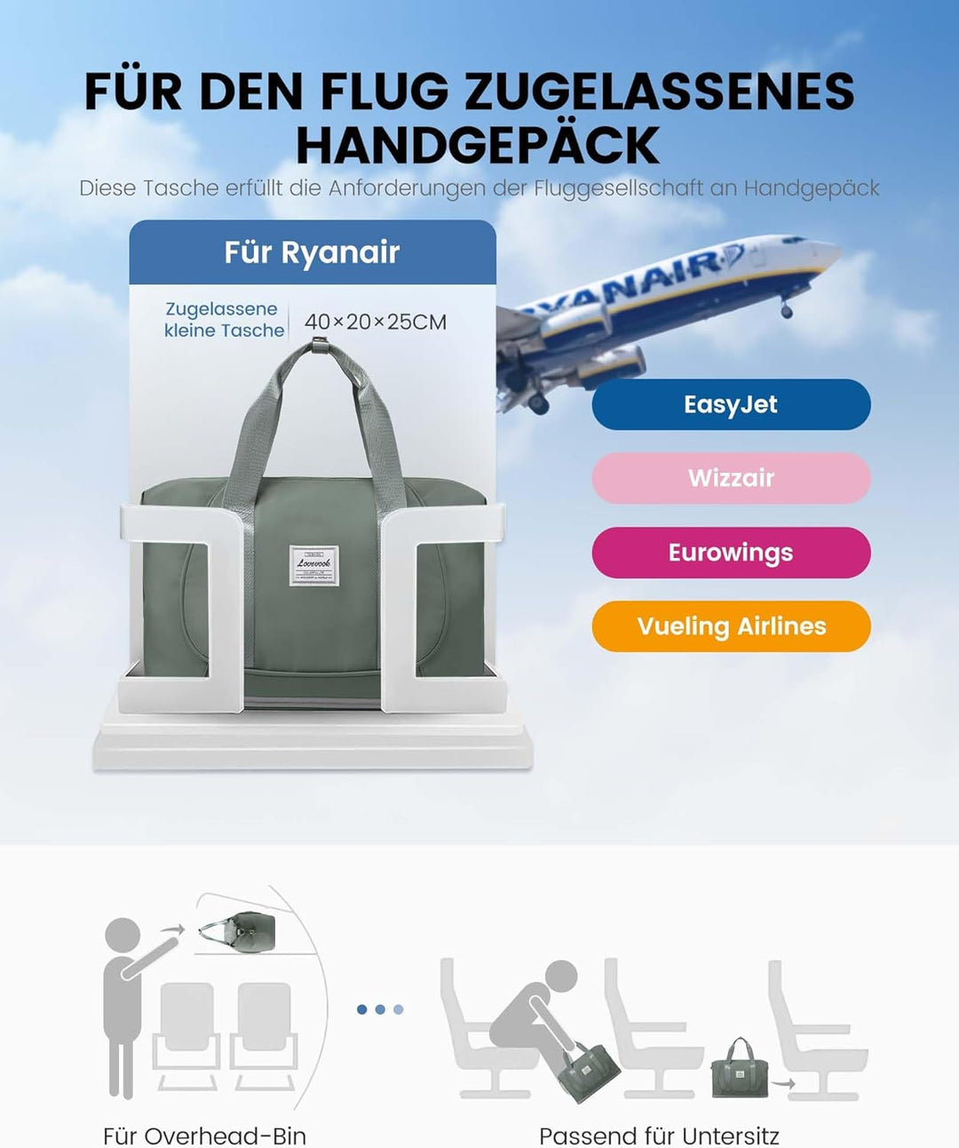 LOVEVOOK Ryanair Handgepäck 40x30x20, Erweiterbare Kleine Reisetasche Handgepäck Tasche für Flugzeug